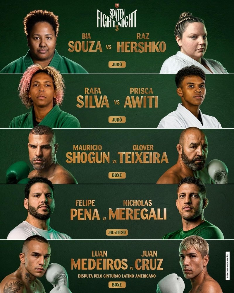 Card completo com Bia Souza, Rafaela Silva, Shogun, Glover e Meregali